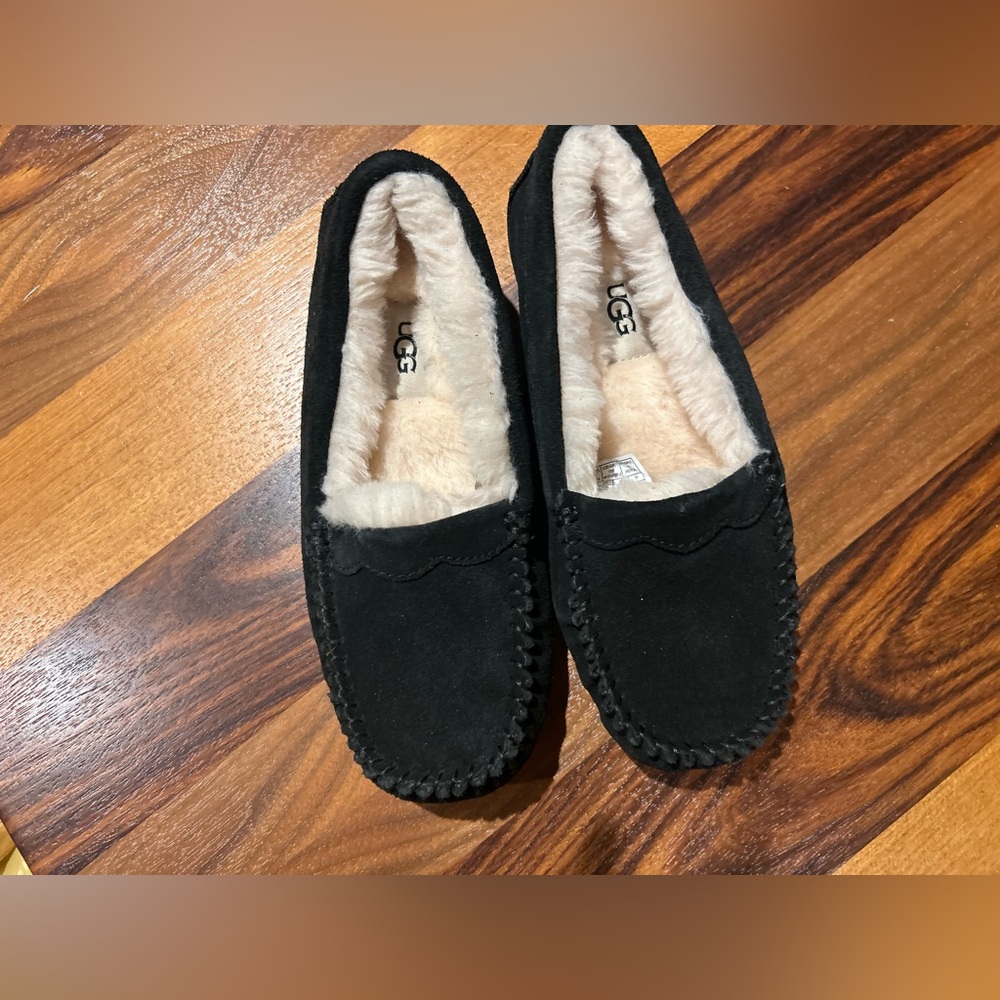 UGG Black Suede Moccasins with Cream Lining